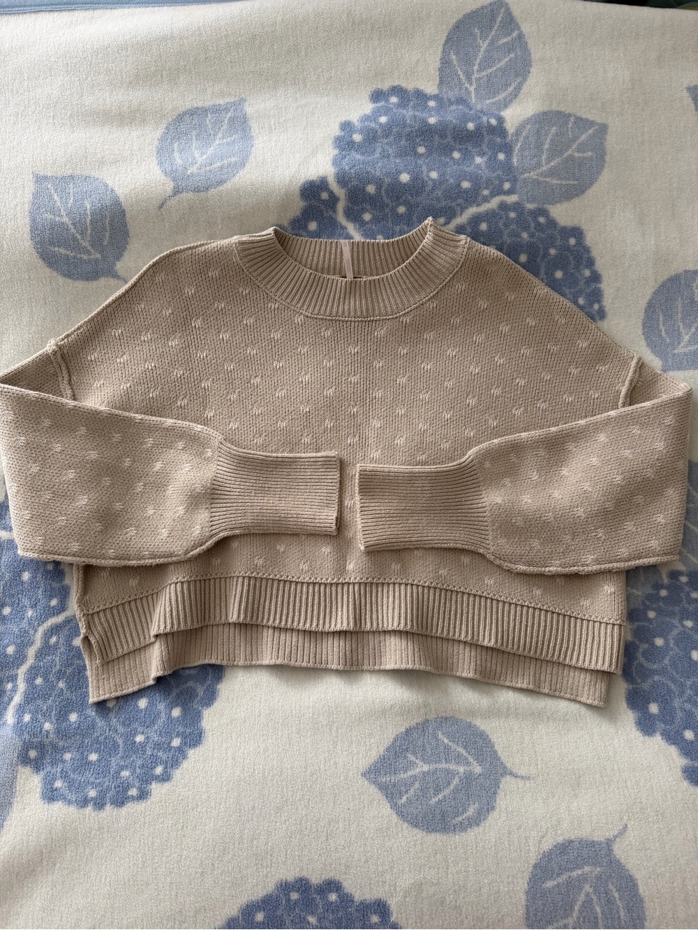 Free People Beige Patterned Cropped Crewneck Sweater